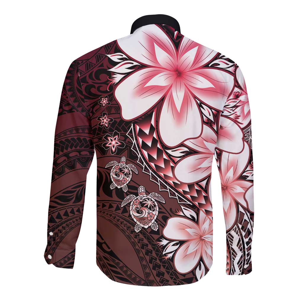 Polynesia Romantic Valentine Long Sleeve Button Shirt Sea Turtle Couple With Red Gradient Plumeria LT05 - Polynesian Pride