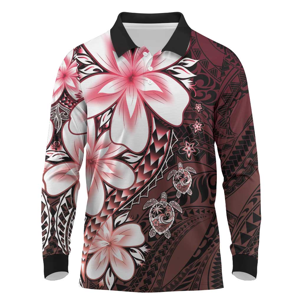 Polynesia Romantic Valentine Long Sleeve Polo Shirt Sea Turtle Couple With Red Gradient Plumeria LT05 Red - Polynesian Pride