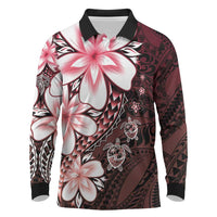 Polynesia Romantic Valentine Long Sleeve Polo Shirt Sea Turtle Couple With Red Gradient Plumeria LT05 Red - Polynesian Pride