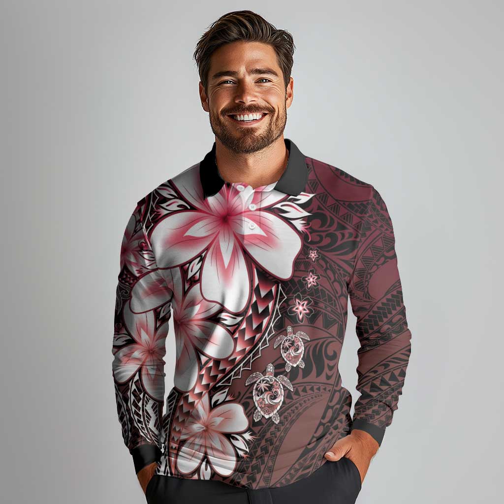 Polynesia Romantic Valentine Long Sleeve Polo Shirt Sea Turtle Couple With Red Gradient Plumeria LT05 - Polynesian Pride