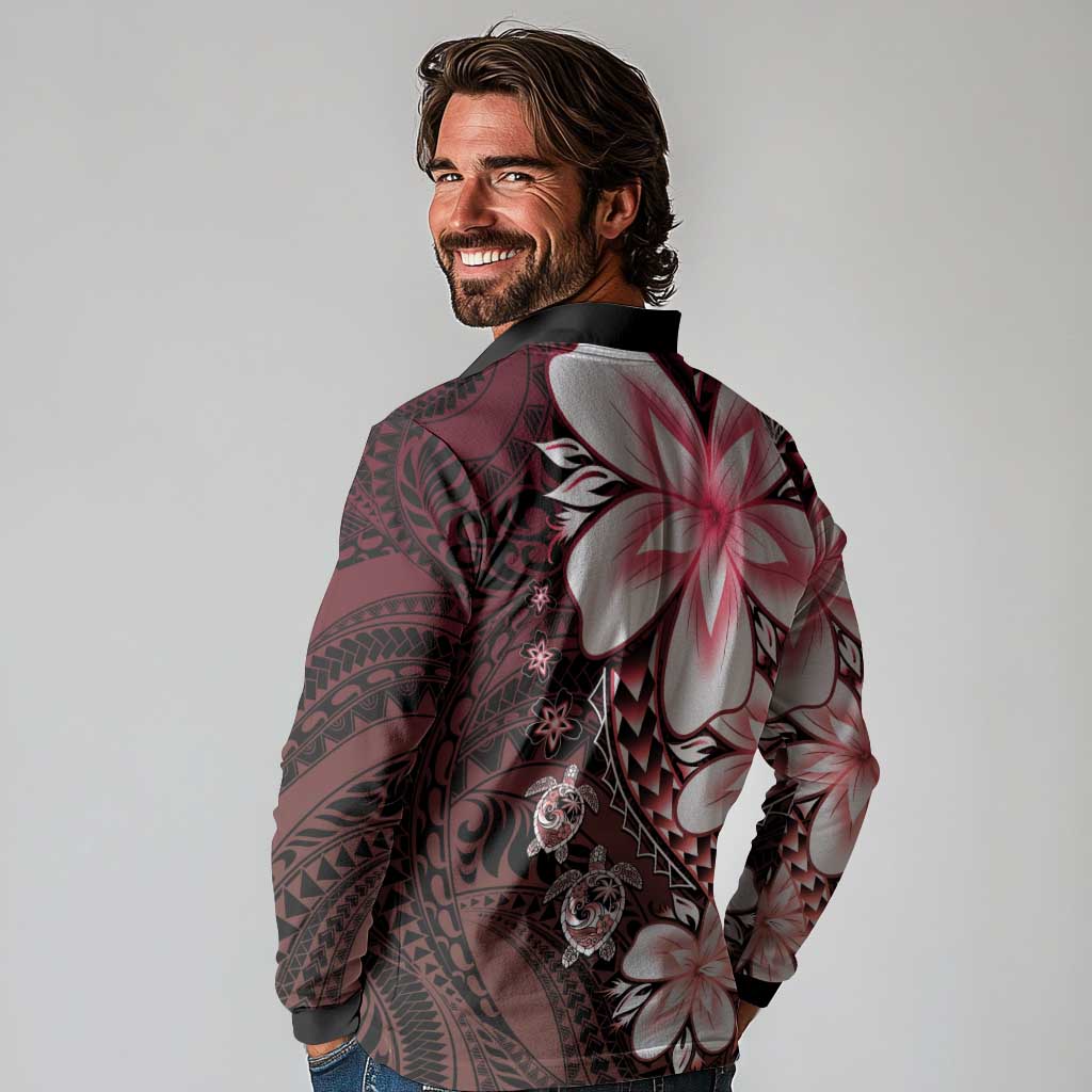Polynesia Romantic Valentine Long Sleeve Polo Shirt Sea Turtle Couple With Red Gradient Plumeria LT05 - Polynesian Pride
