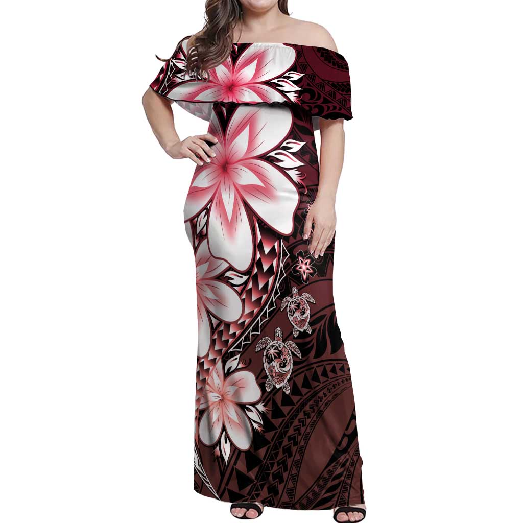 Polynesia Romantic Valentine Off Shoulder Maxi Dress Sea Turtle Couple With Red Gradient Plumeria LT05 Women Red - Polynesian Pride