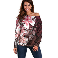 Polynesia Romantic Valentine Off Shoulder Sweater Sea Turtle Couple With Red Gradient Plumeria LT05 Women Red - Polynesian Pride