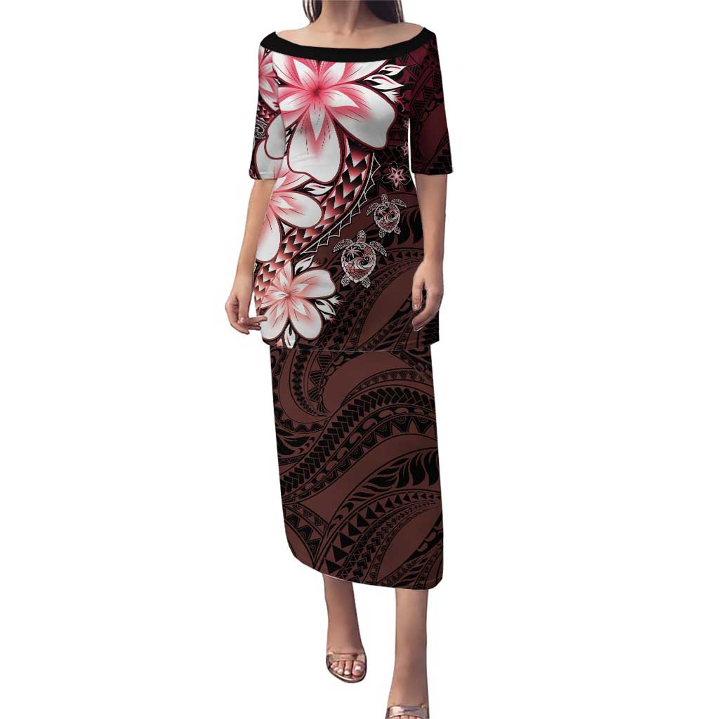 Polynesia Romantic Valentine Puletasi Sea Turtle Couple With Red Gradient Plumeria LT05 Long Dress Red - Polynesian Pride