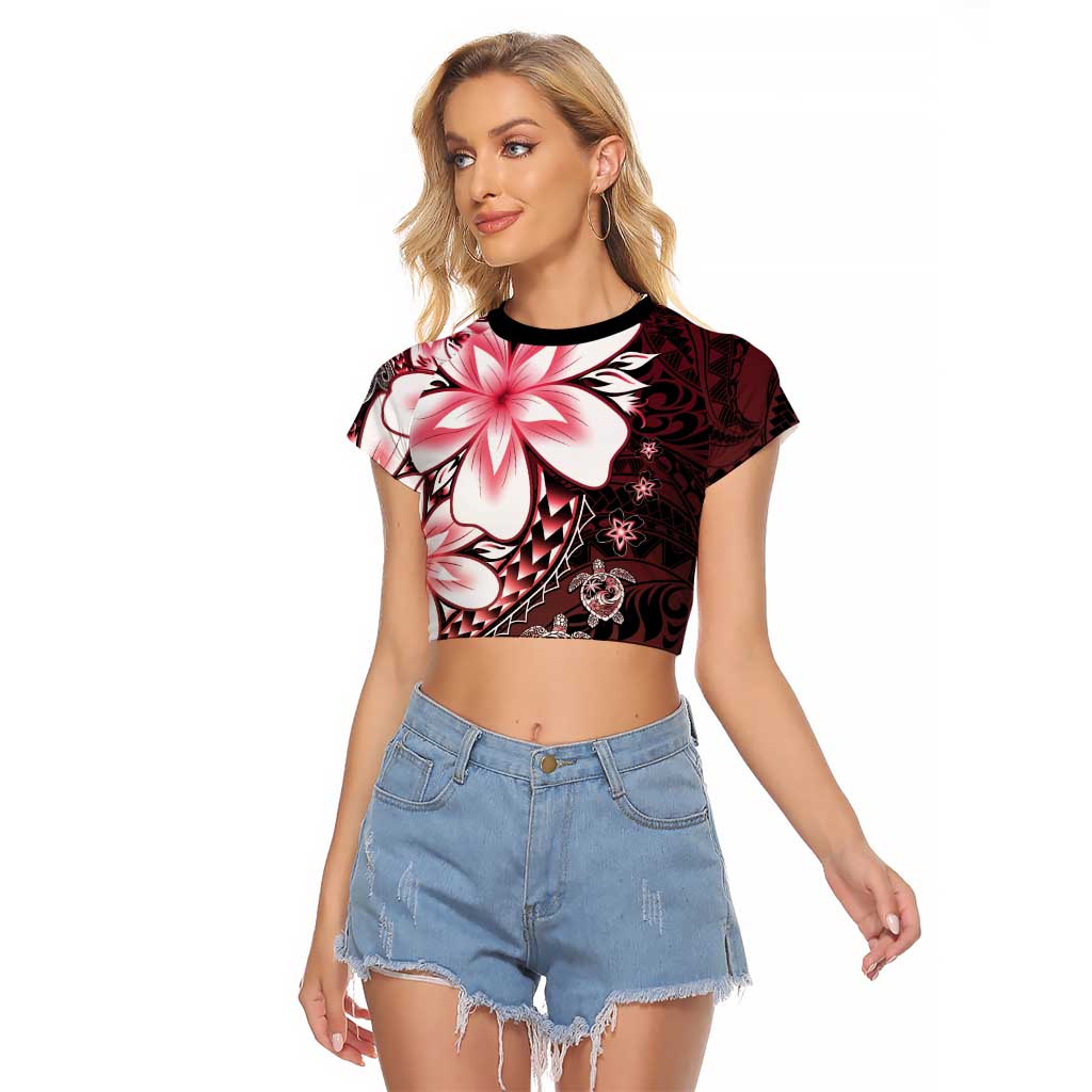 Polynesia Romantic Valentine Raglan Cropped T Shirt Sea Turtle Couple With Red Gradient Plumeria LT05 Female Red - Polynesian Pride