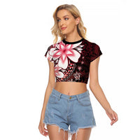 Polynesia Romantic Valentine Raglan Cropped T Shirt Sea Turtle Couple With Red Gradient Plumeria LT05 Female Red - Polynesian Pride