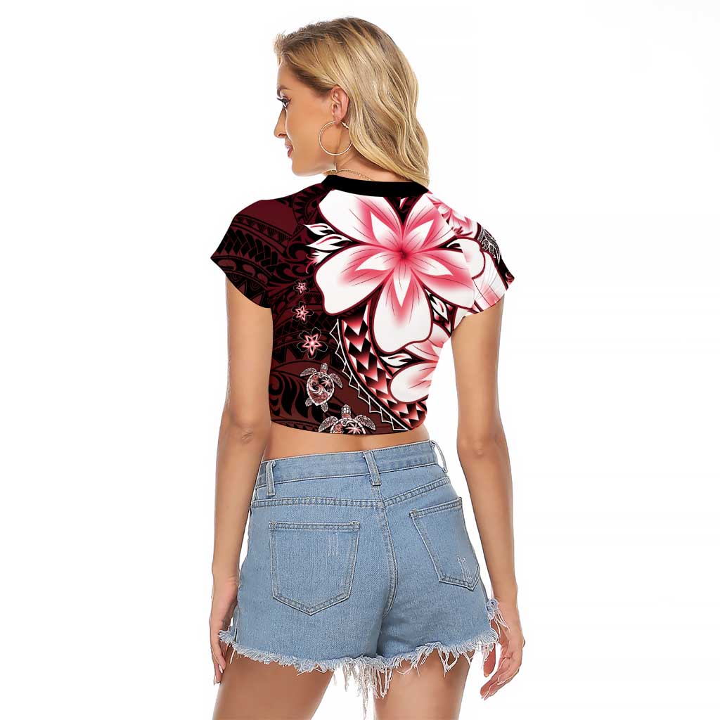 Polynesia Romantic Valentine Raglan Cropped T Shirt Sea Turtle Couple With Red Gradient Plumeria LT05 - Polynesian Pride