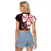 Polynesia Romantic Valentine Raglan Cropped T Shirt Sea Turtle Couple With Red Gradient Plumeria LT05 - Polynesian Pride