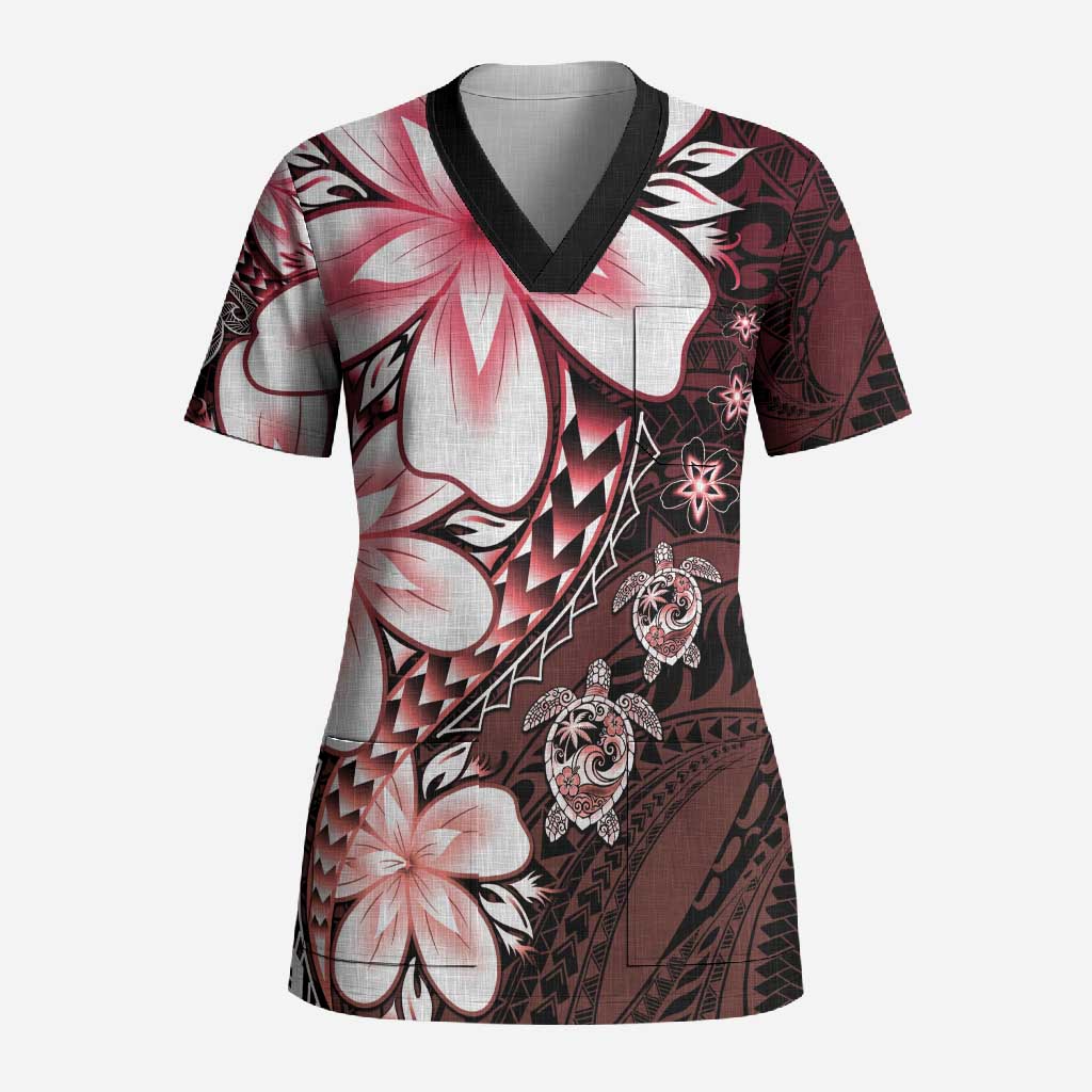 Polynesia Romantic Valentine Scrub Top Sea Turtle Couple With Red Gradient Plumeria LT05 Adult Red - Polynesian Pride