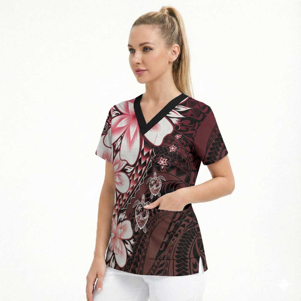 Polynesia Romantic Valentine Scrub Top Sea Turtle Couple With Red Gradient Plumeria LT05 - Polynesian Pride
