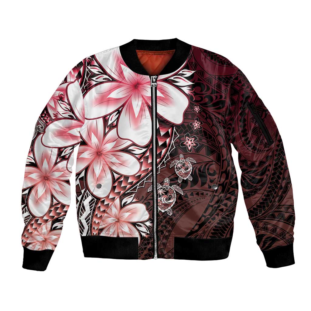 Polynesia Romantic Valentine Sleeve Zip Bomber Jacket Sea Turtle Couple With Red Gradient Plumeria LT05 Unisex Red - Polynesian Pride