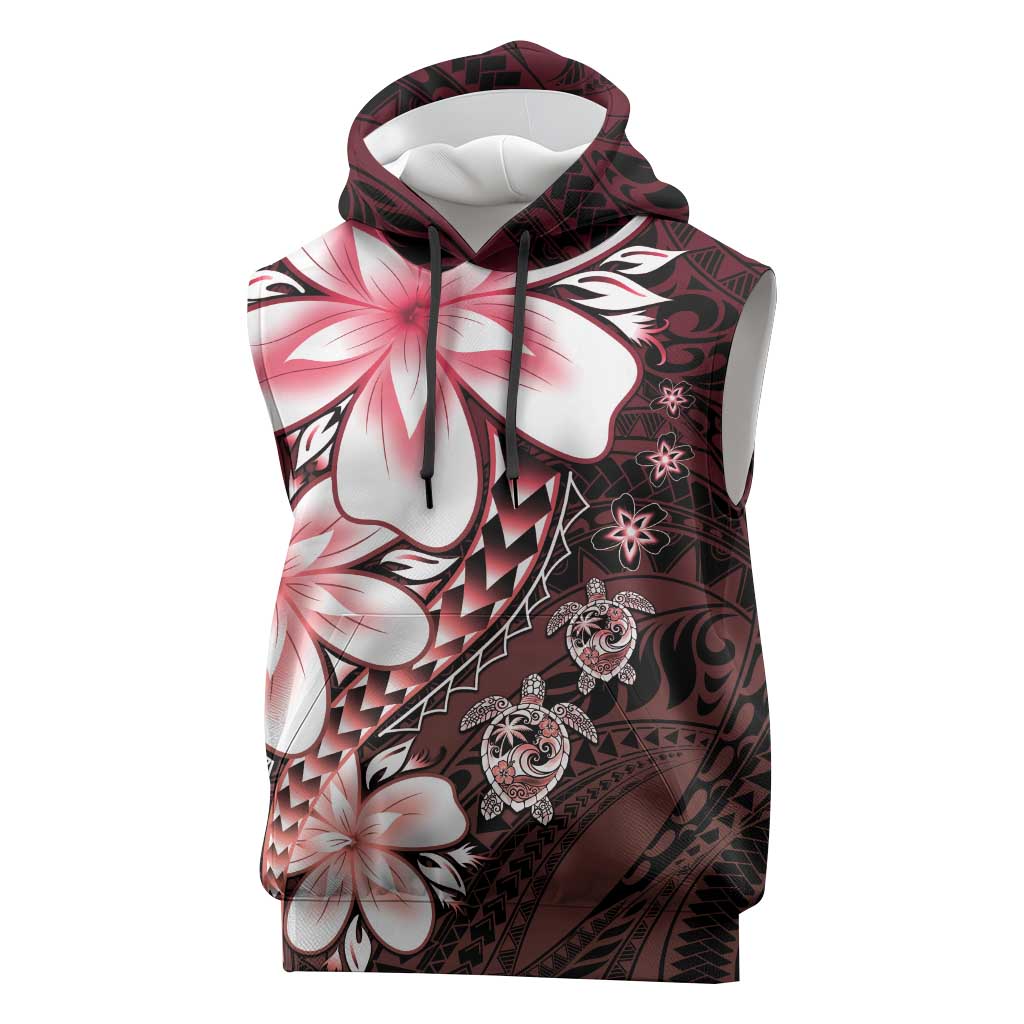 Polynesia Romantic Valentine Sleeveless Hoodie Sea Turtle Couple With Red Gradient Plumeria LT05 Red - Polynesian Pride