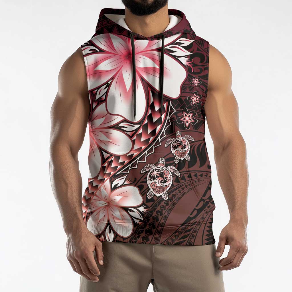 Polynesia Romantic Valentine Sleeveless Hoodie Sea Turtle Couple With Red Gradient Plumeria LT05 - Polynesian Pride