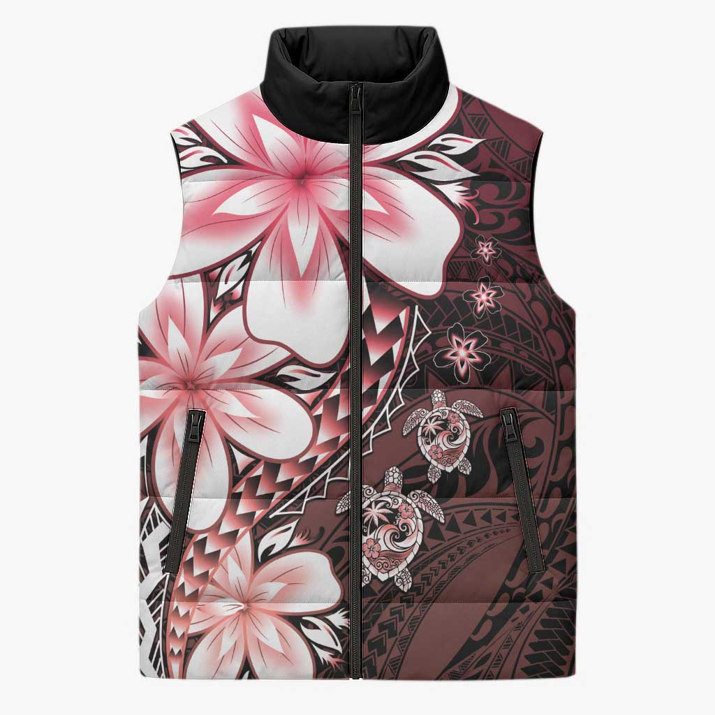 Polynesia Romantic Valentine Sleeveless Puffer Jacket Sea Turtle Couple With Red Gradient Plumeria LT05 Unisex Red - Polynesian Pride