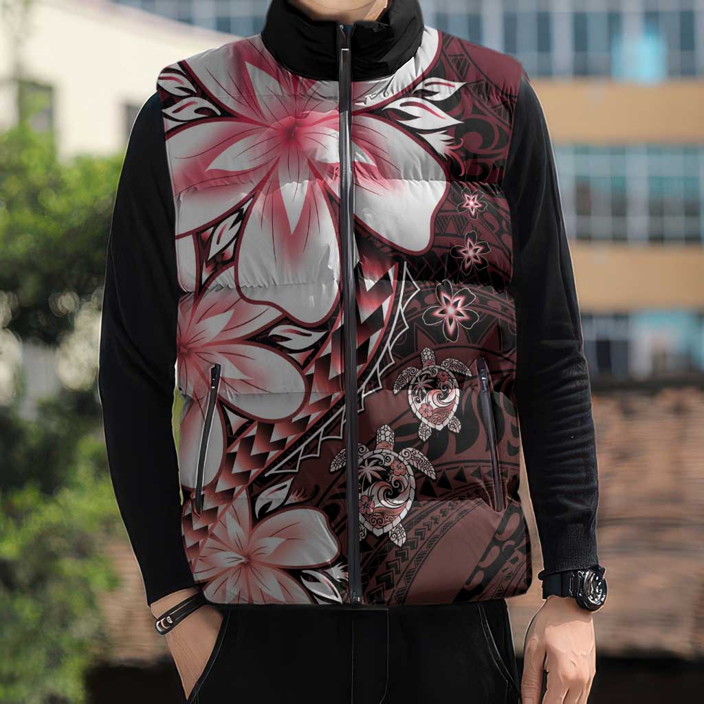 Polynesia Romantic Valentine Sleeveless Puffer Jacket Sea Turtle Couple With Red Gradient Plumeria LT05 - Polynesian Pride
