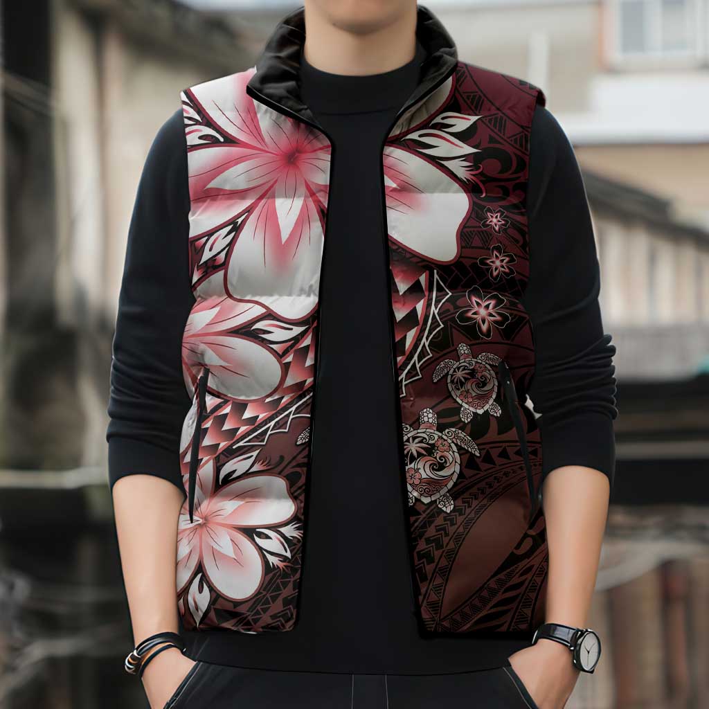 Polynesia Romantic Valentine Sleeveless Puffer Jacket Sea Turtle Couple With Red Gradient Plumeria LT05 - Polynesian Pride