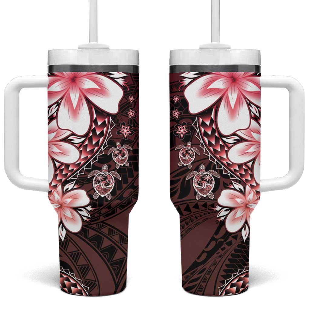 Polynesia Romantic Valentine Tumbler With Handle Sea Turtle Couple With Red Gradient Plumeria LT05 One Size: 40 oz Red - Polynesian Pride