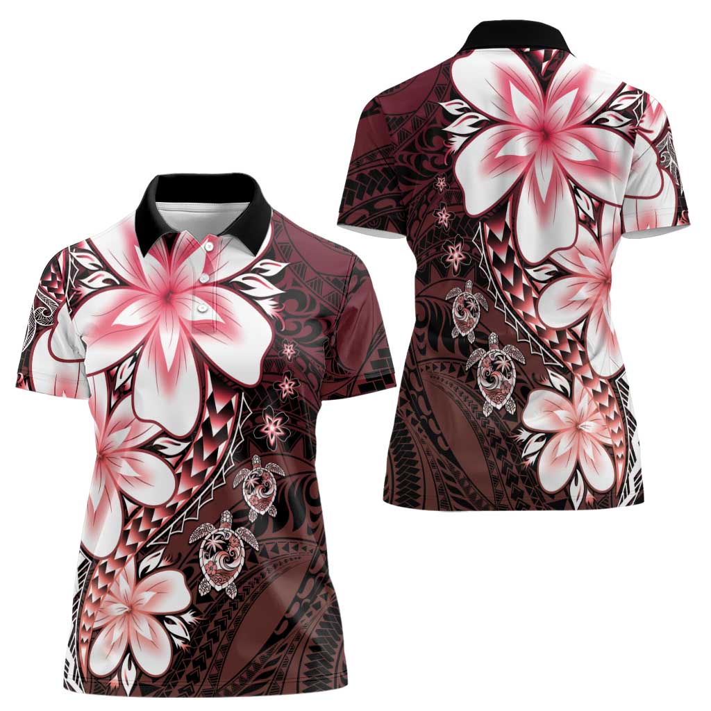 Polynesia Romantic Valentine Women Polo Shirt Sea Turtle Couple With Red Gradient Plumeria