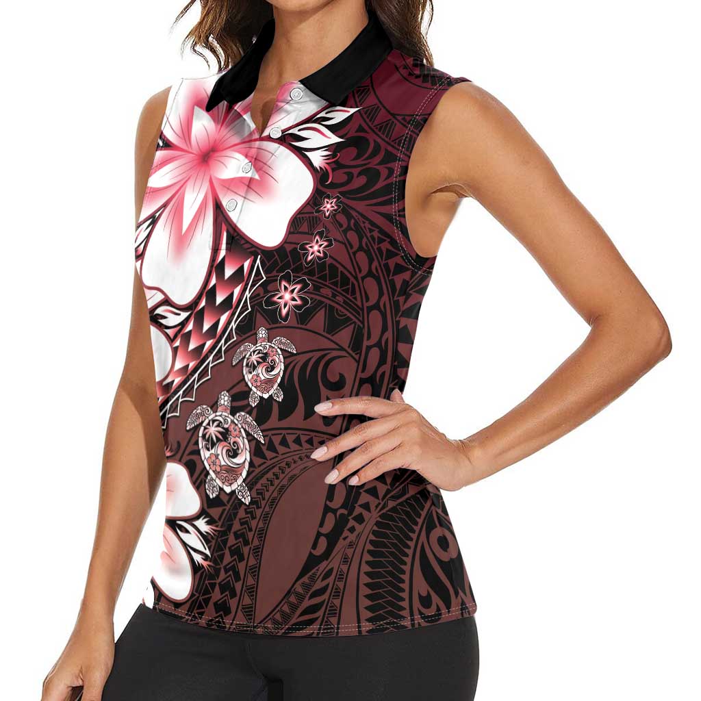 Polynesia Romantic Valentine Women Sleeveless Polo Shirt Sea Turtle Couple With Red Gradient Plumeria LT05 - Polynesian Pride