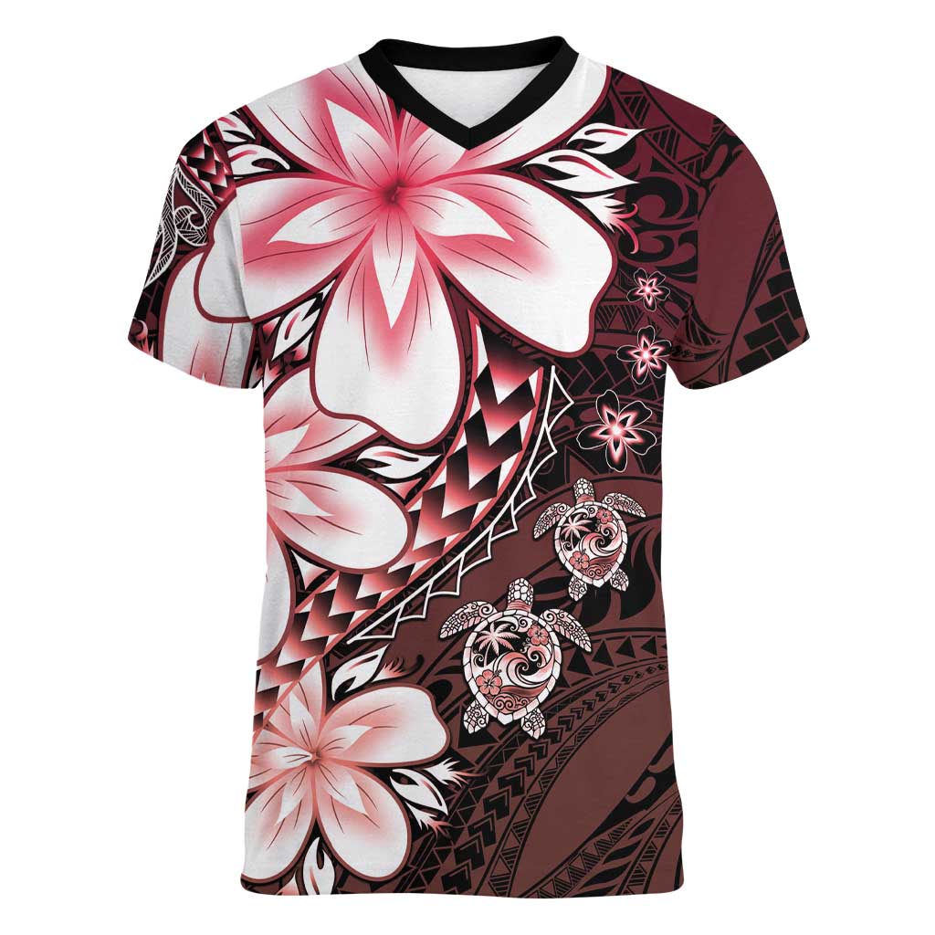Polynesia Romantic Valentine Women V-Neck T-Shirt Sea Turtle Couple With Red Gradient Plumeria LT05 Female Red - Polynesian Pride