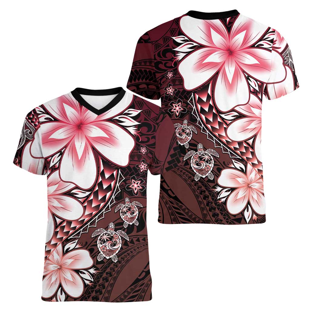 Polynesia Romantic Valentine Women V-Neck T-Shirt Sea Turtle Couple With Red Gradient Plumeria LT05 - Polynesian Pride