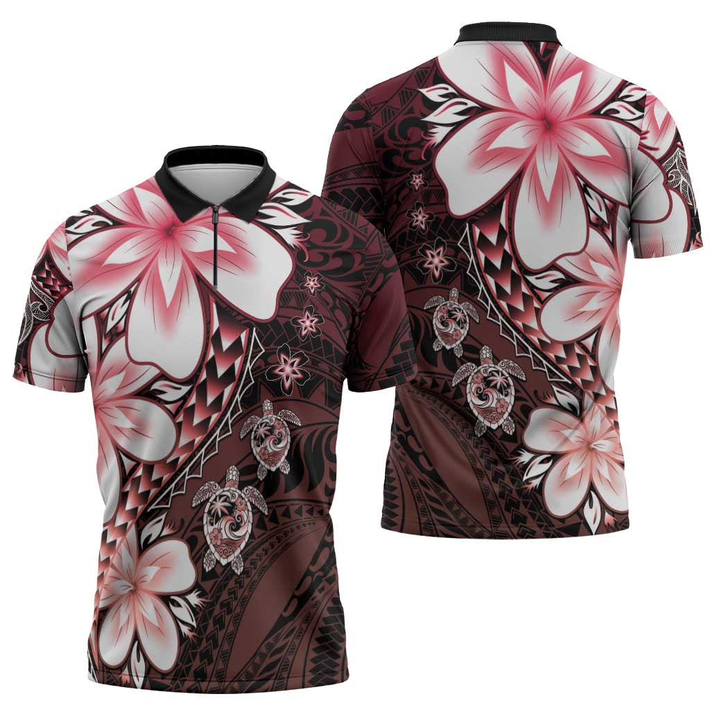 Polynesia Romantic Valentine Zipper Polo Shirt Sea Turtle Couple With Red Gradient Plumeria LT05 - Polynesian Pride