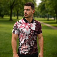 Polynesia Romantic Valentine Zipper Polo Shirt Sea Turtle Couple With Red Gradient Plumeria LT05 - Polynesian Pride