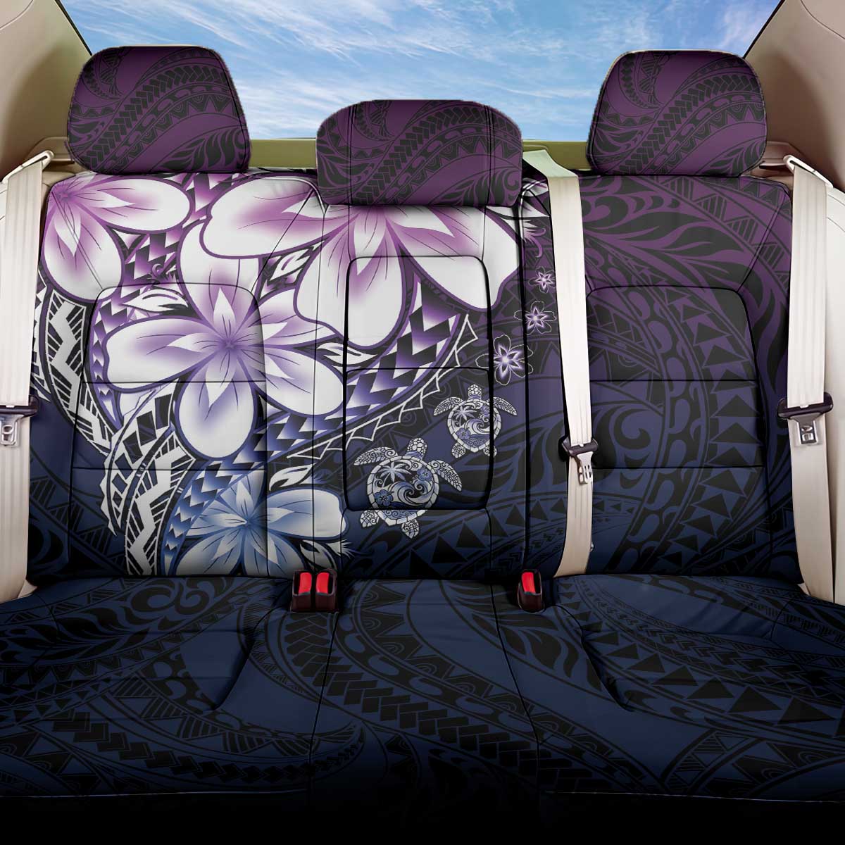 Polynesia Romantic Valentine Back Car Seat Cover Sea Turtle Couple With Purple Gradient Plumeria LT05 One Size Purple - Polynesian Pride
