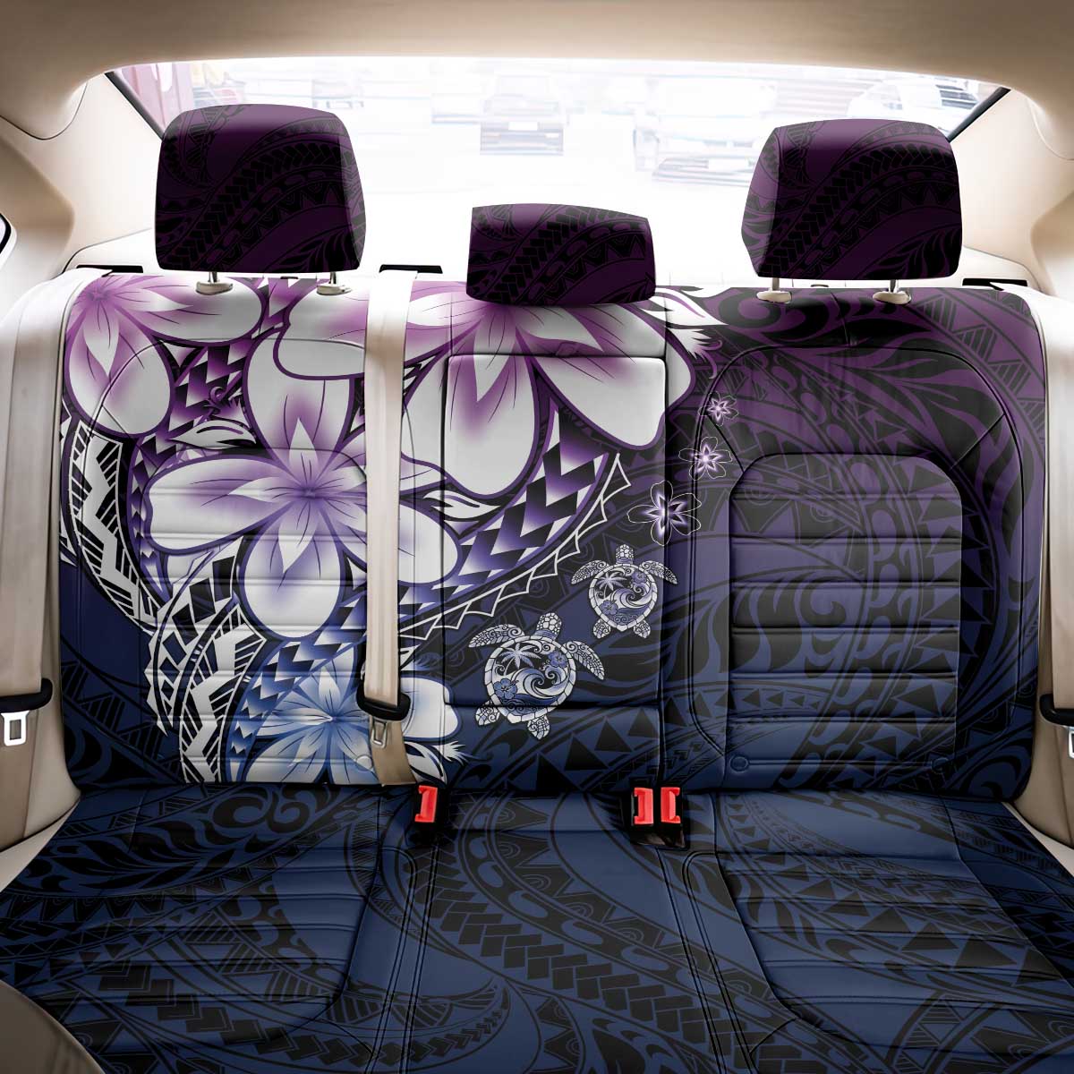 Polynesia Romantic Valentine Back Car Seat Cover Sea Turtle Couple With Purple Gradient Plumeria LT05 - Polynesian Pride