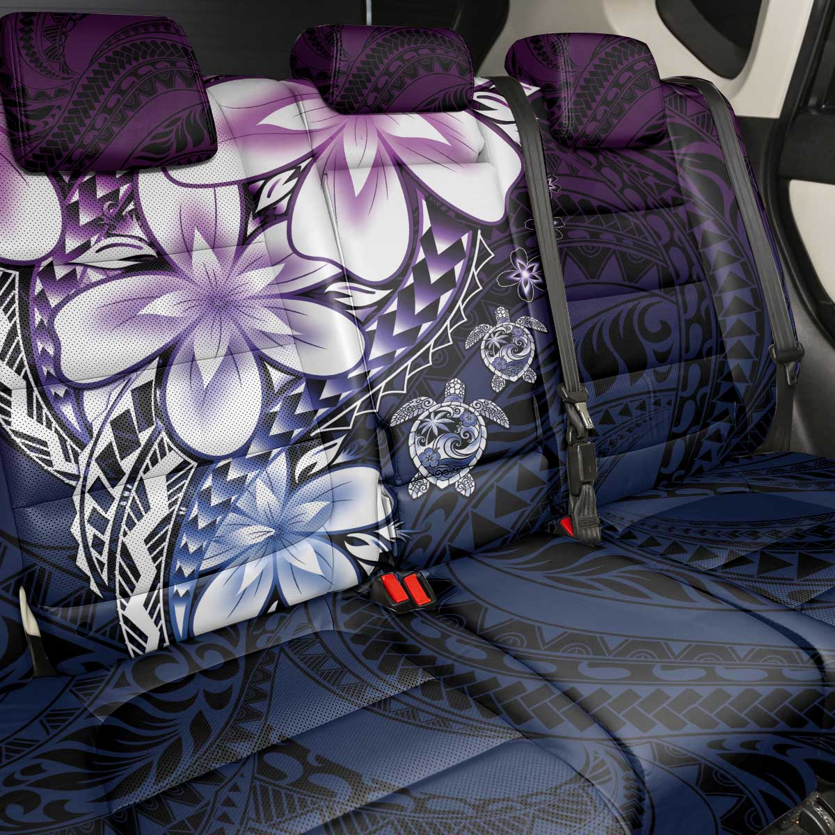 Polynesia Romantic Valentine Back Car Seat Cover Sea Turtle Couple With Purple Gradient Plumeria LT05 - Polynesian Pride