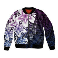 Polynesia Romantic Valentine Bomber Jacket Sea Turtle Couple With Purple Gradient Plumeria