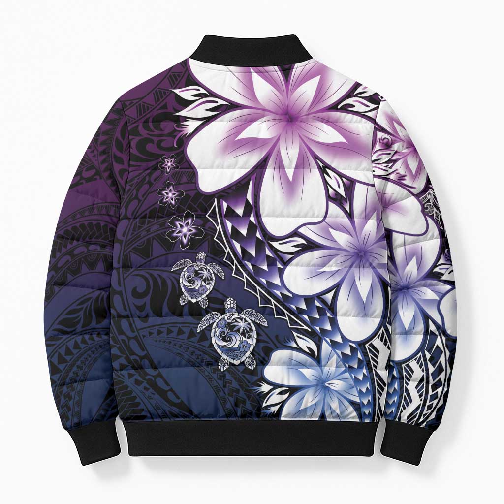 Polynesia Romantic Valentine Bomber Puffer Jacket Sea Turtle Couple With Purple Gradient Plumeria LT05 - Polynesian Pride