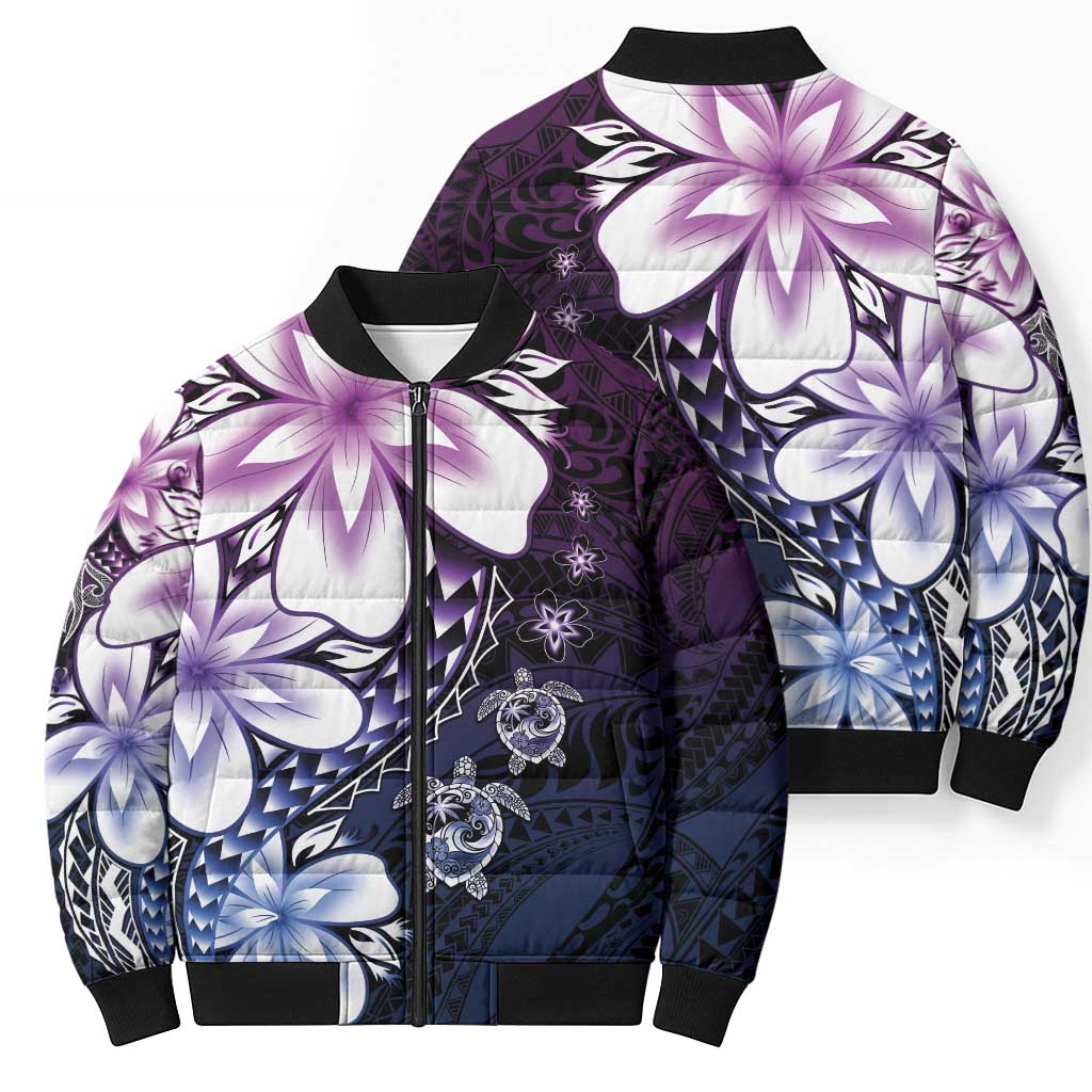 Polynesia Romantic Valentine Bomber Puffer Jacket Sea Turtle Couple With Purple Gradient Plumeria LT05 - Polynesian Pride
