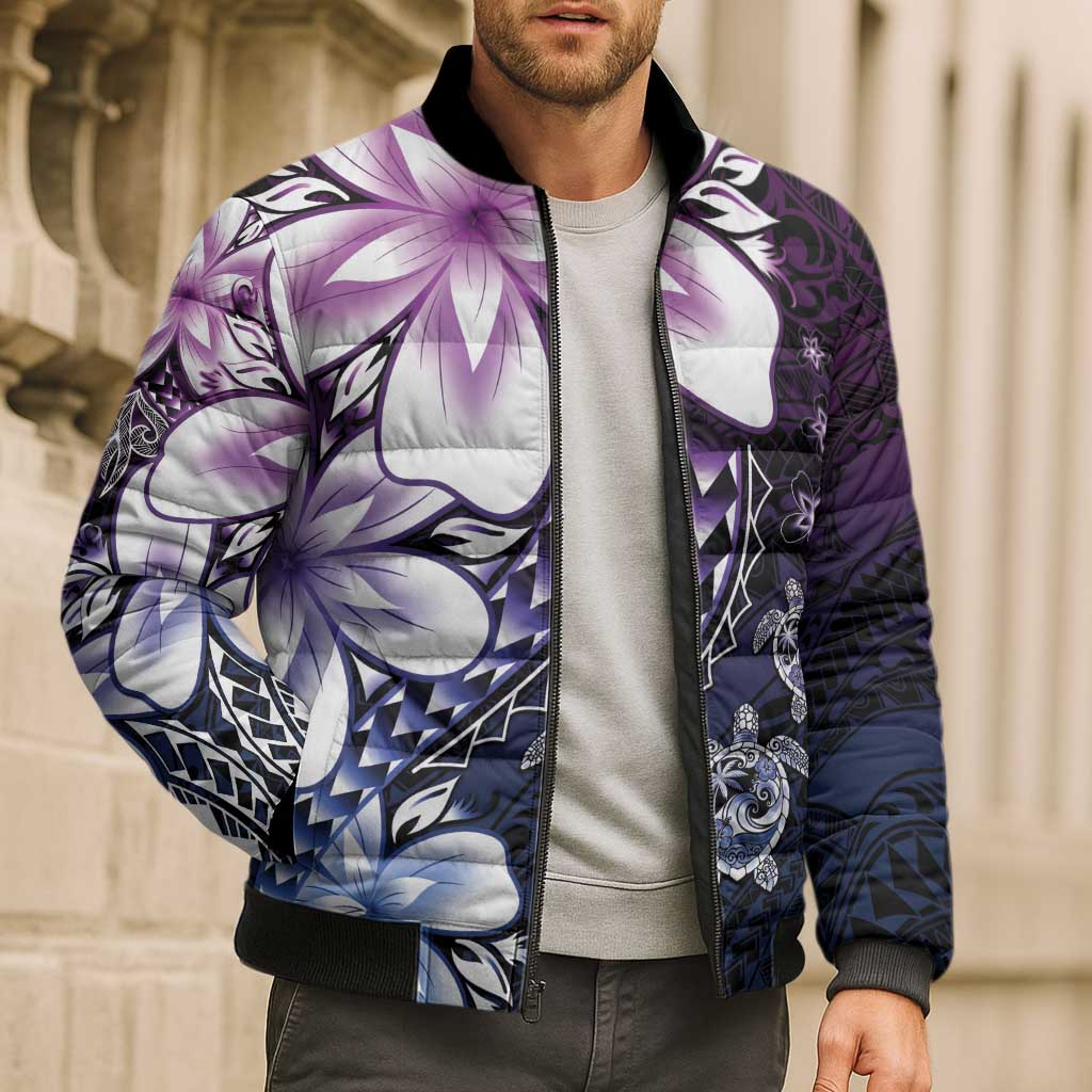 Polynesia Romantic Valentine Bomber Puffer Jacket Sea Turtle Couple With Purple Gradient Plumeria LT05 - Polynesian Pride