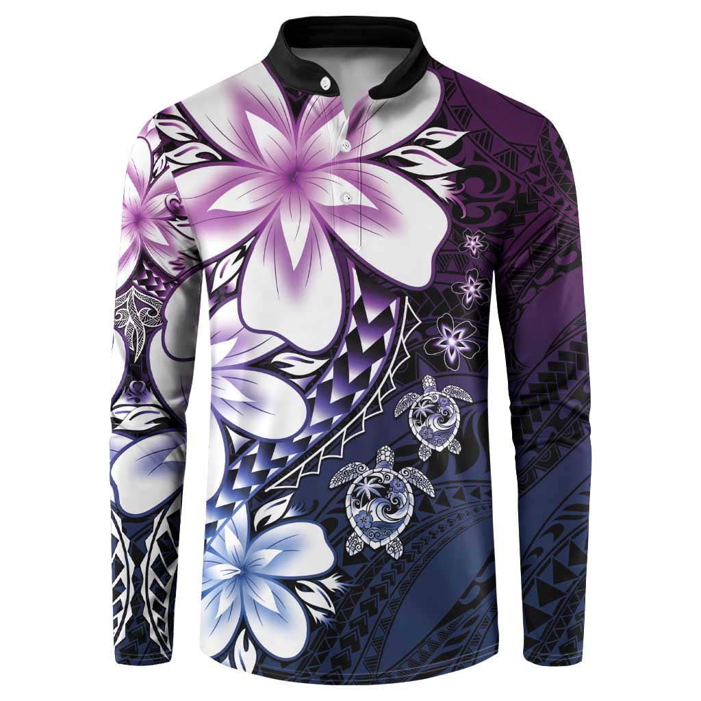 Polynesia Romantic Valentine Button Sweatshirt Sea Turtle Couple With Purple Gradient Plumeria LT05 Purple - Polynesian Pride