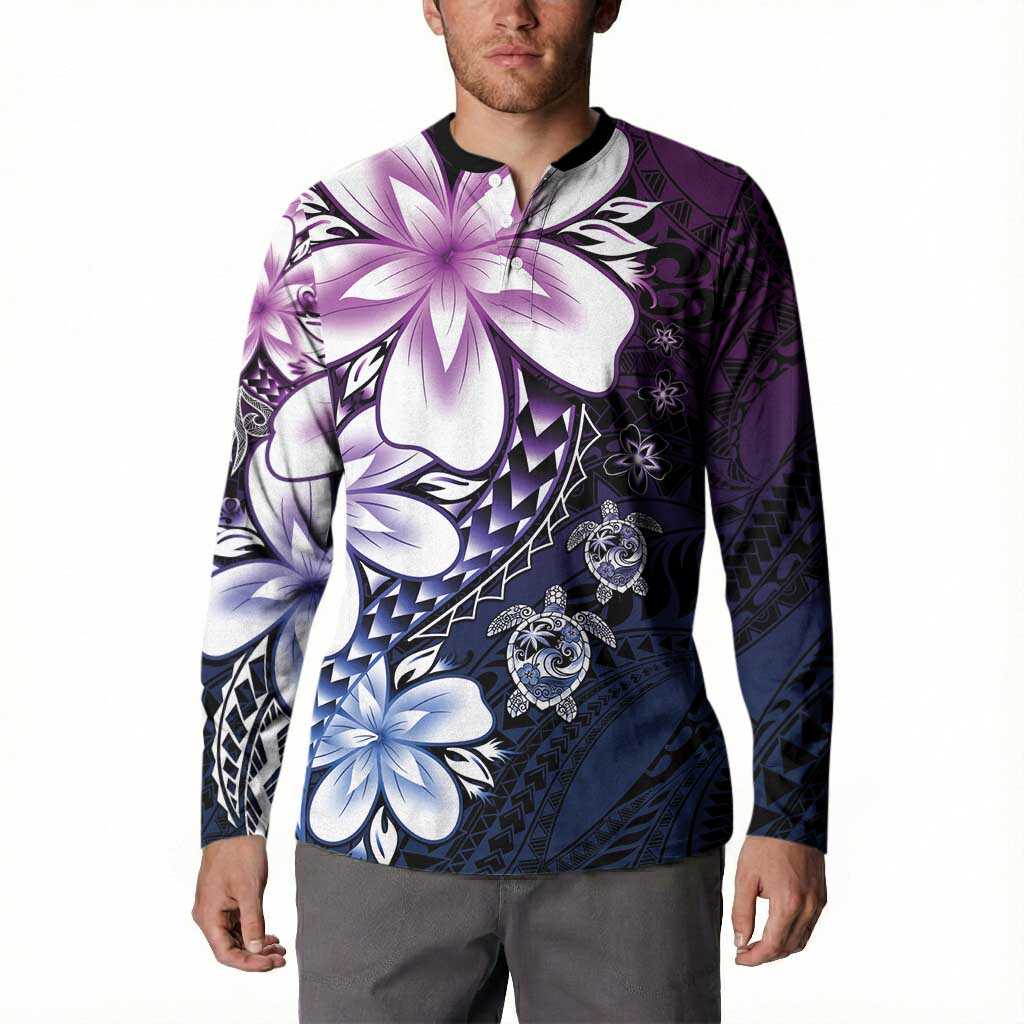 Polynesia Romantic Valentine Button Sweatshirt Sea Turtle Couple With Purple Gradient Plumeria LT05 - Polynesian Pride