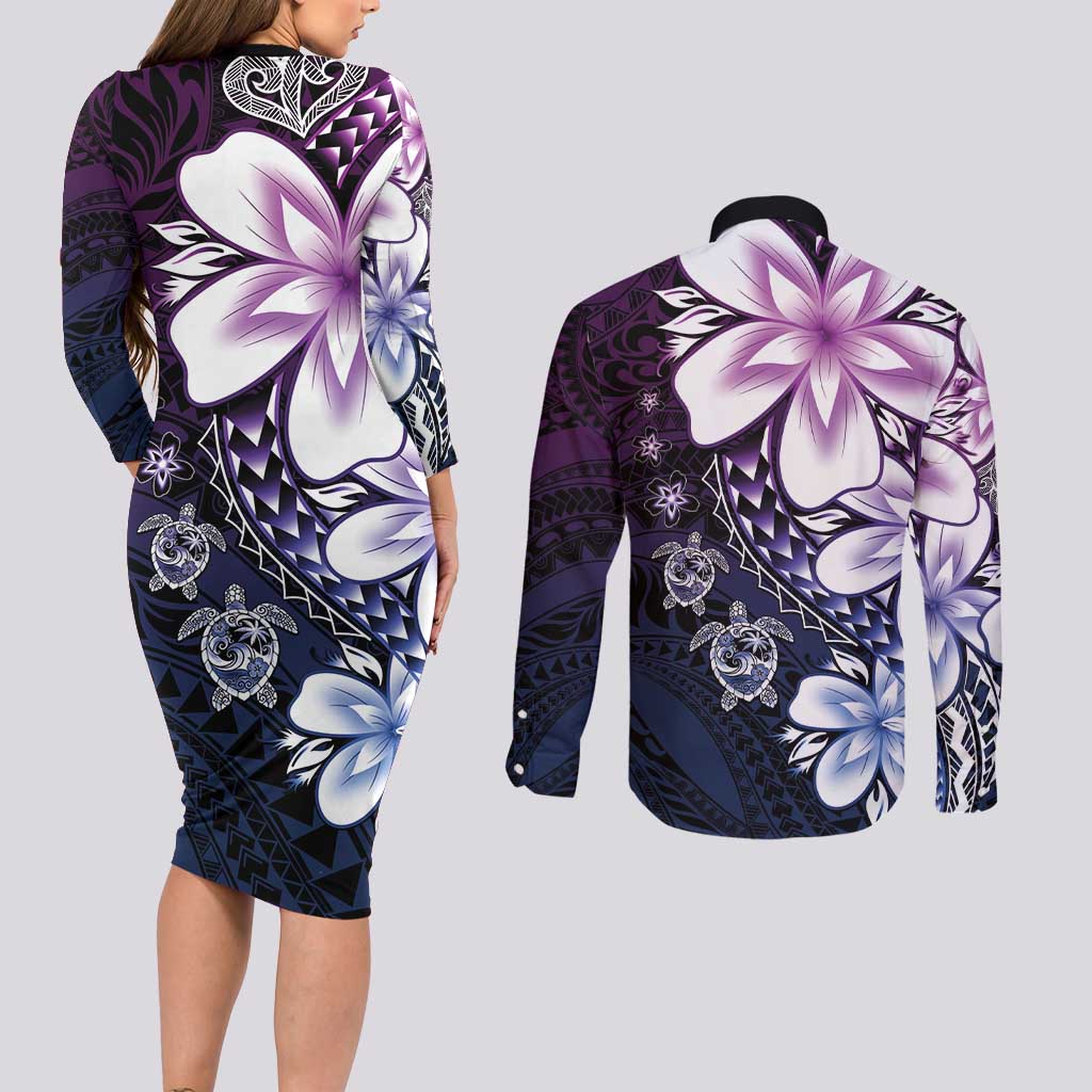 Polynesia Romantic Valentine Couples Matching Long Sleeve Bodycon Dress and Long Sleeve Button Shirt Sea Turtle Couple With Purple Gradient Plumeria
