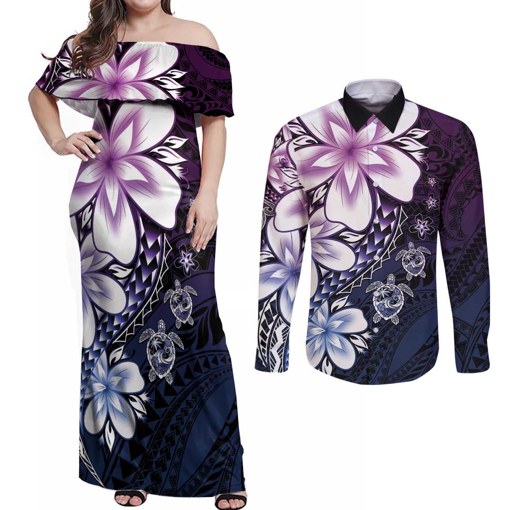 Polynesia Romantic Valentine Couples Matching Off Shoulder Maxi Dress and Long Sleeve Button Shirt Sea Turtle Couple With Purple Gradient Plumeria LT05 Purple - Polynesian Pride