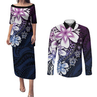 Polynesia Romantic Valentine Couples Matching Puletasi and Long Sleeve Button Shirt Sea Turtle Couple With Purple Gradient Plumeria LT05 Purple - Polynesian Pride