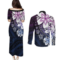 Polynesia Romantic Valentine Couples Matching Puletasi and Long Sleeve Button Shirt Sea Turtle Couple With Purple Gradient Plumeria LT05 - Polynesian Pride