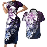 Polynesia Romantic Valentine Couples Matching Short Sleeve Bodycon Dress and Hawaiian Shirt Sea Turtle Couple With Purple Gradient Plumeria