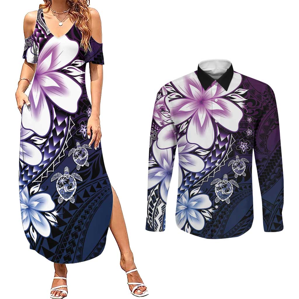 Polynesia Romantic Valentine Couples Matching Summer Maxi Dress and Long Sleeve Button Shirt Sea Turtle Couple With Purple Gradient Plumeria LT05 Purple - Polynesian Pride