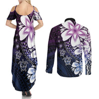 Polynesia Romantic Valentine Couples Matching Summer Maxi Dress and Long Sleeve Button Shirt Sea Turtle Couple With Purple Gradient Plumeria LT05 - Polynesian Pride
