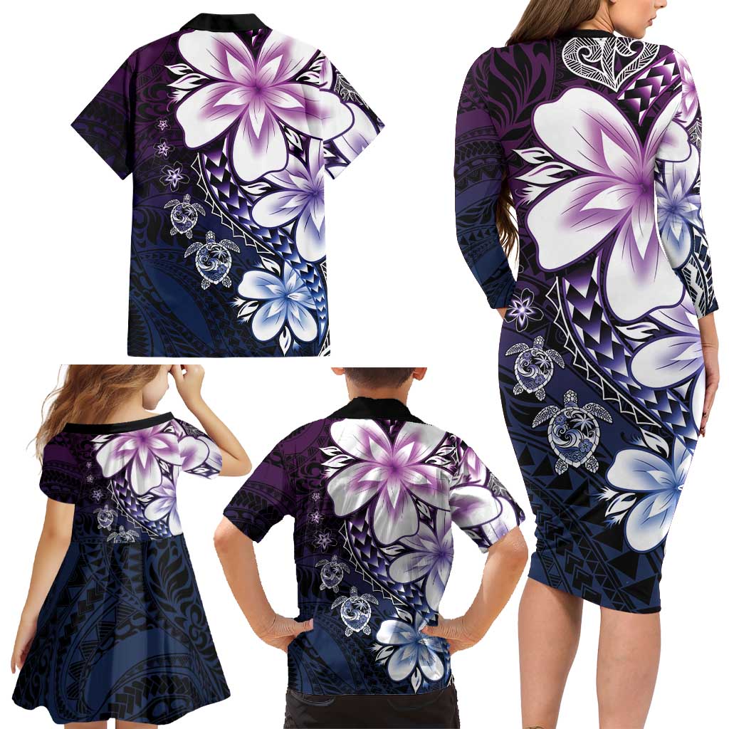 Polynesia Romantic Valentine Family Matching Long Sleeve Bodycon Dress and Hawaiian Shirt Sea Turtle Couple With Purple Gradient Plumeria
