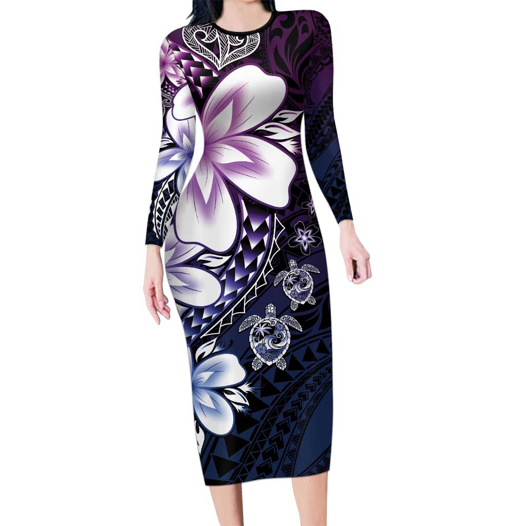 Polynesia Romantic Valentine Family Matching Long Sleeve Bodycon Dress and Hawaiian Shirt Sea Turtle Couple With Purple Gradient Plumeria