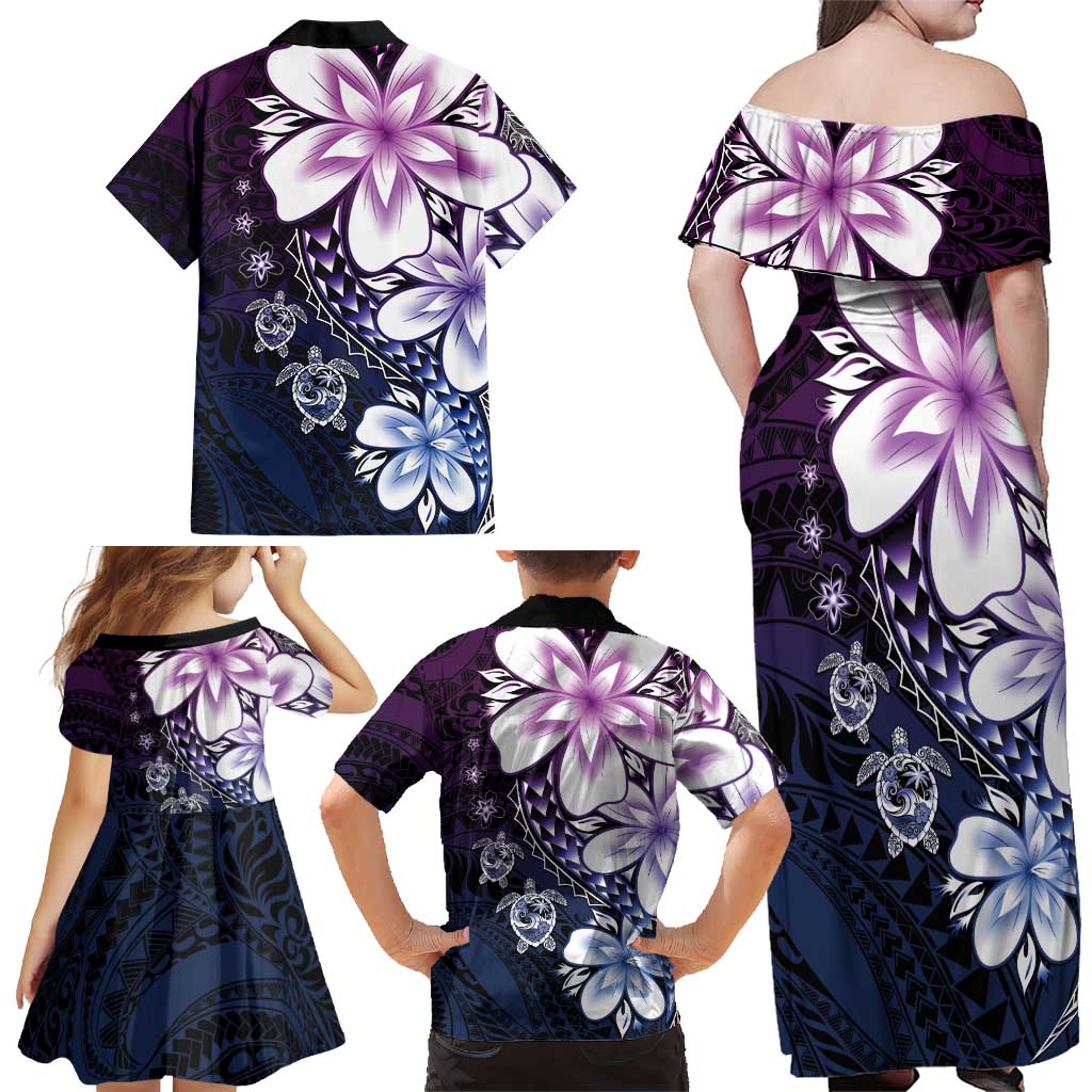 Polynesia Romantic Valentine Family Matching Off Shoulder Maxi Dress and Hawaiian Shirt Sea Turtle Couple With Purple Gradient Plumeria