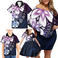 Polynesia Romantic Valentine Family Matching Off Shoulder Short Dress and Hawaiian Shirt Sea Turtle Couple With Purple Gradient Plumeria