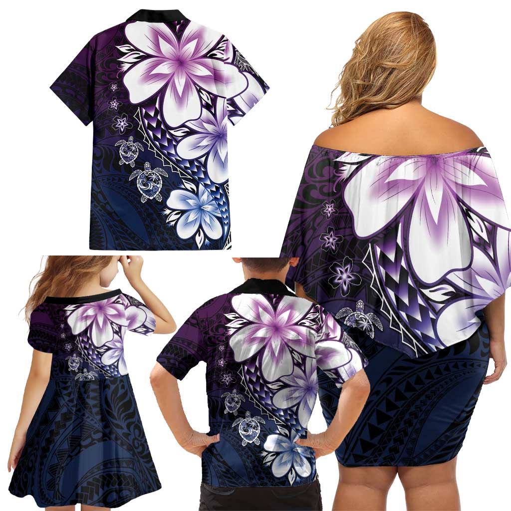 Polynesia Romantic Valentine Family Matching Off Shoulder Short Dress and Hawaiian Shirt Sea Turtle Couple With Purple Gradient Plumeria