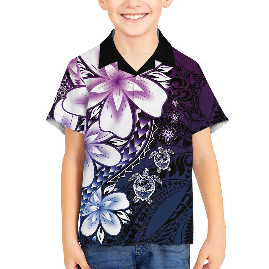 Polynesia Romantic Valentine Family Matching Off Shoulder Short Dress and Hawaiian Shirt Sea Turtle Couple With Purple Gradient Plumeria