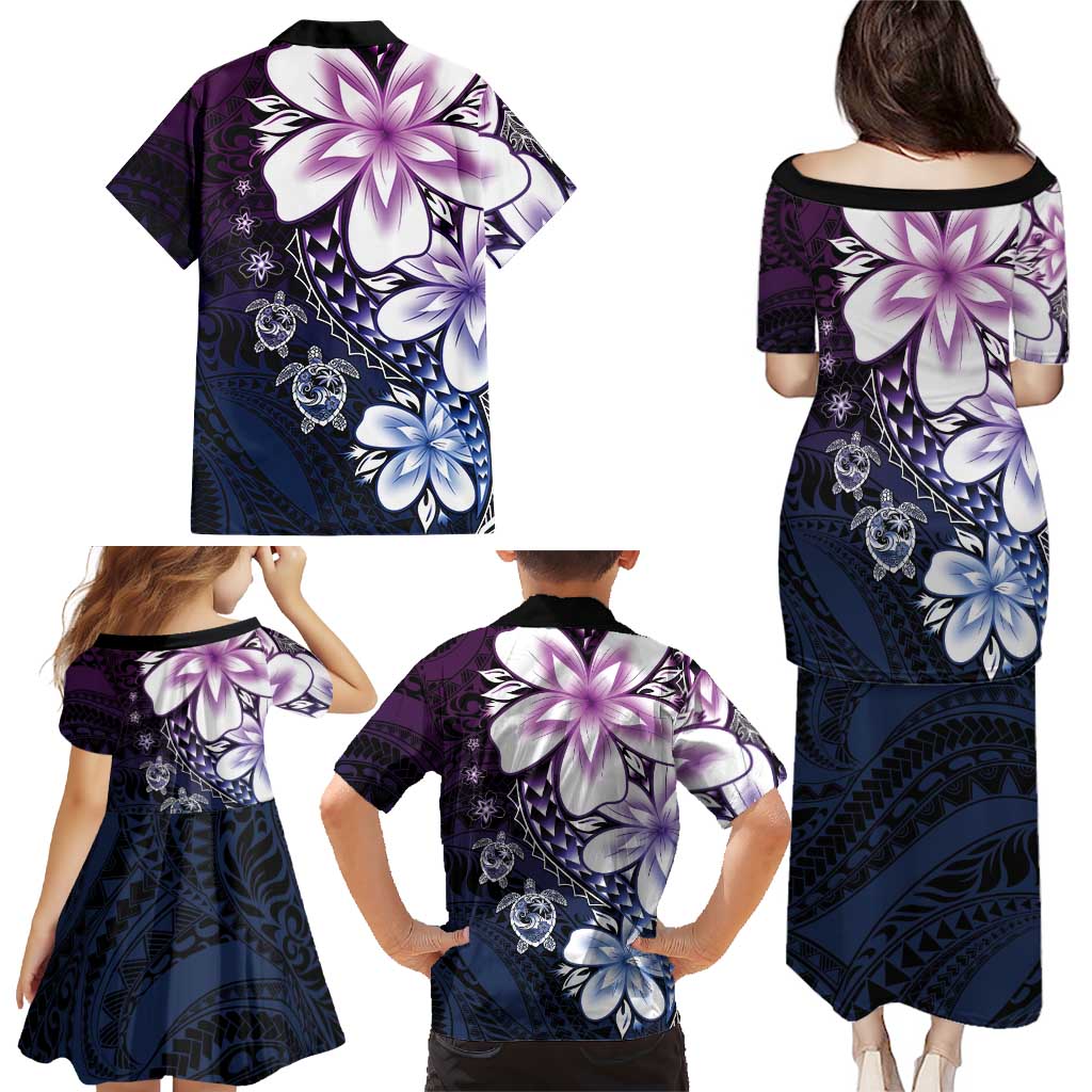 Polynesia Romantic Valentine Family Matching Puletasi and Hawaiian Shirt Sea Turtle Couple With Purple Gradient Plumeria